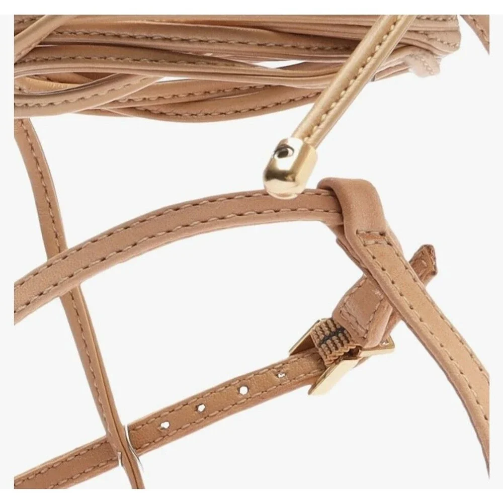 New SCHUTZ Beige Vikki Lace Up Square Thong Toe Stiletto Sandals Brazil US 9.5B - Picture 6 of 9